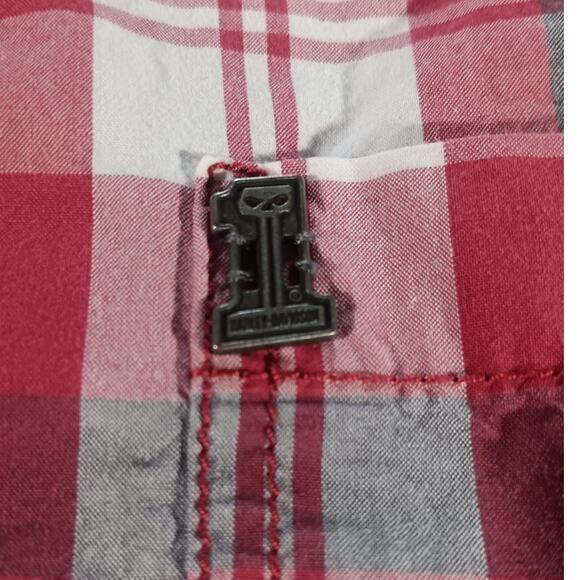 Harley Davidson Men’s 2XL Plaid Button Up Shirt Red Black White Cotton Long - Picture 4 of 8